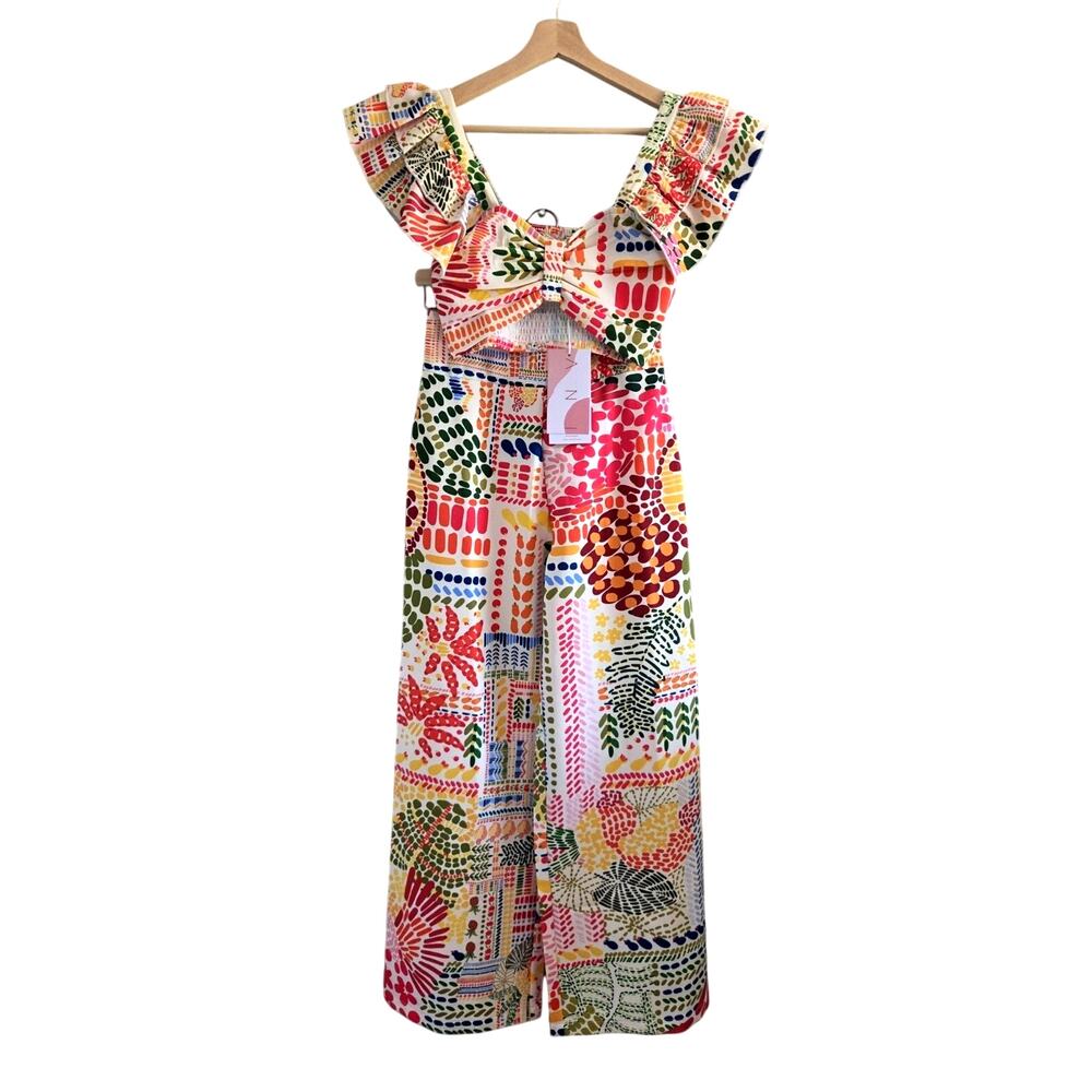 ANI Tropical 2-Piece Ruffle Crop Top & Wide Leg Pants Set XS Resortwear